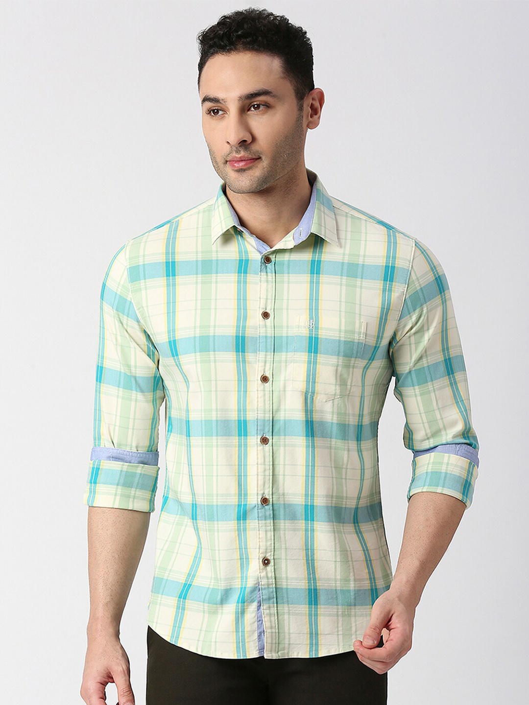 

DRAGON HILL Slim Fit Checked Twill Cotton Casual Shirt, Green