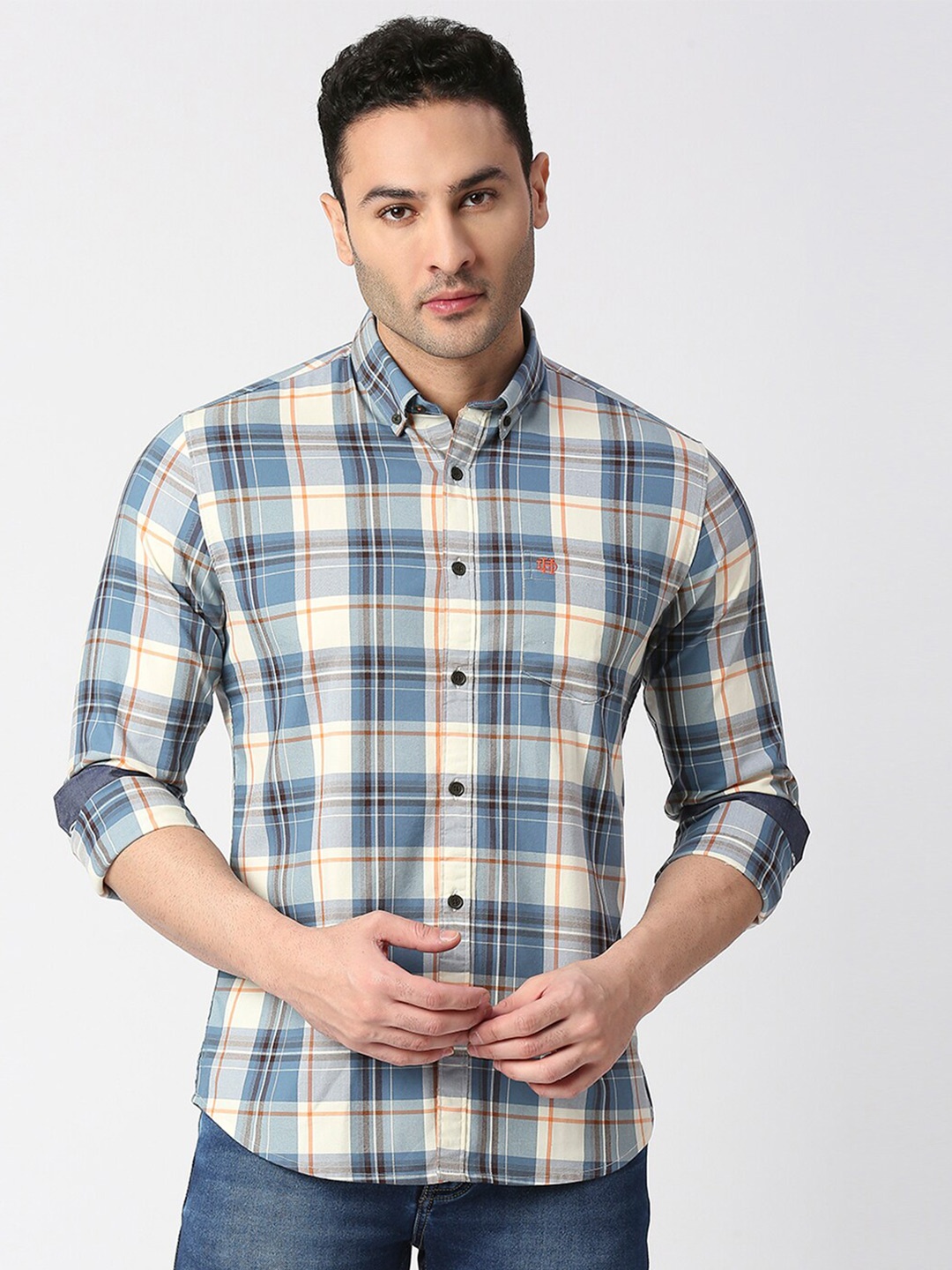

DRAGON HILL Slim Fit Tartan Checked Twill Cotton Casual Shirt, Blue