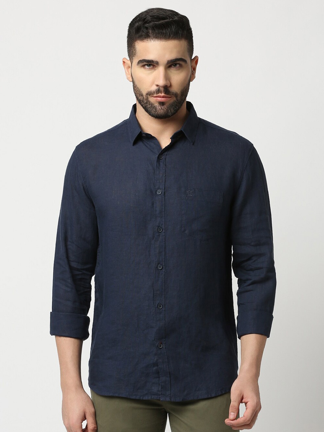 

DRAGON HILL Slim Fit Spread Collar Long Sleeves Casual Pure Linen Shirt, Navy blue