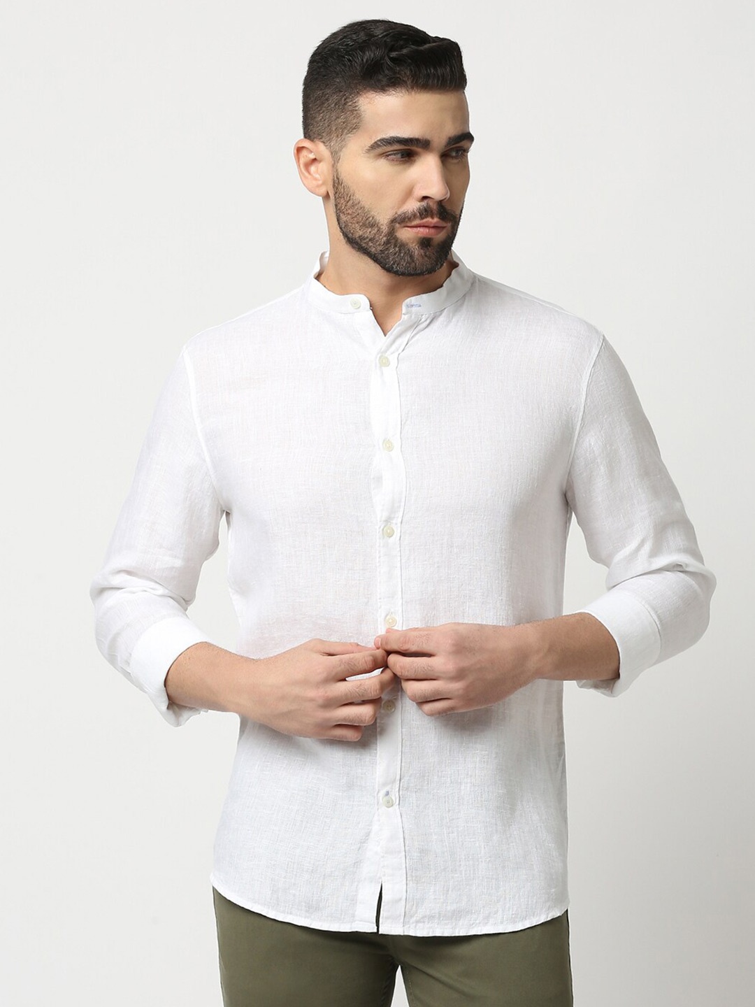 

DRAGON HILL Slim Fit Mandarin Collar Linen Casual Shirt, White
