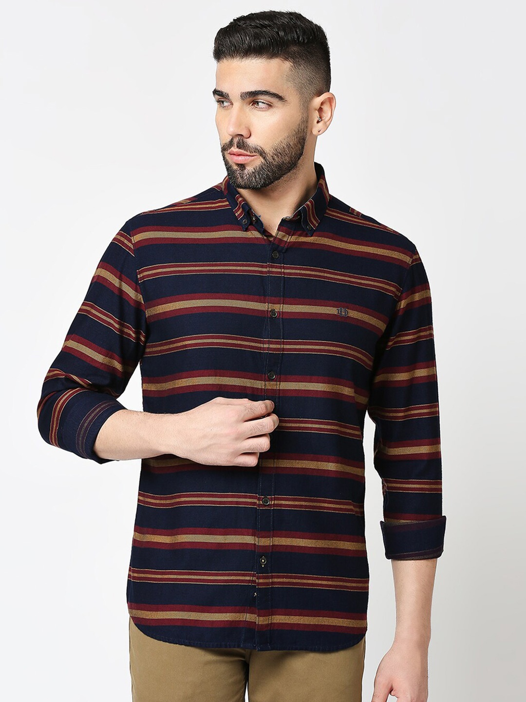 

DRAGON HILL Slim Fit Horizontal Striped Twill Cotton Casual Shirt, Navy blue