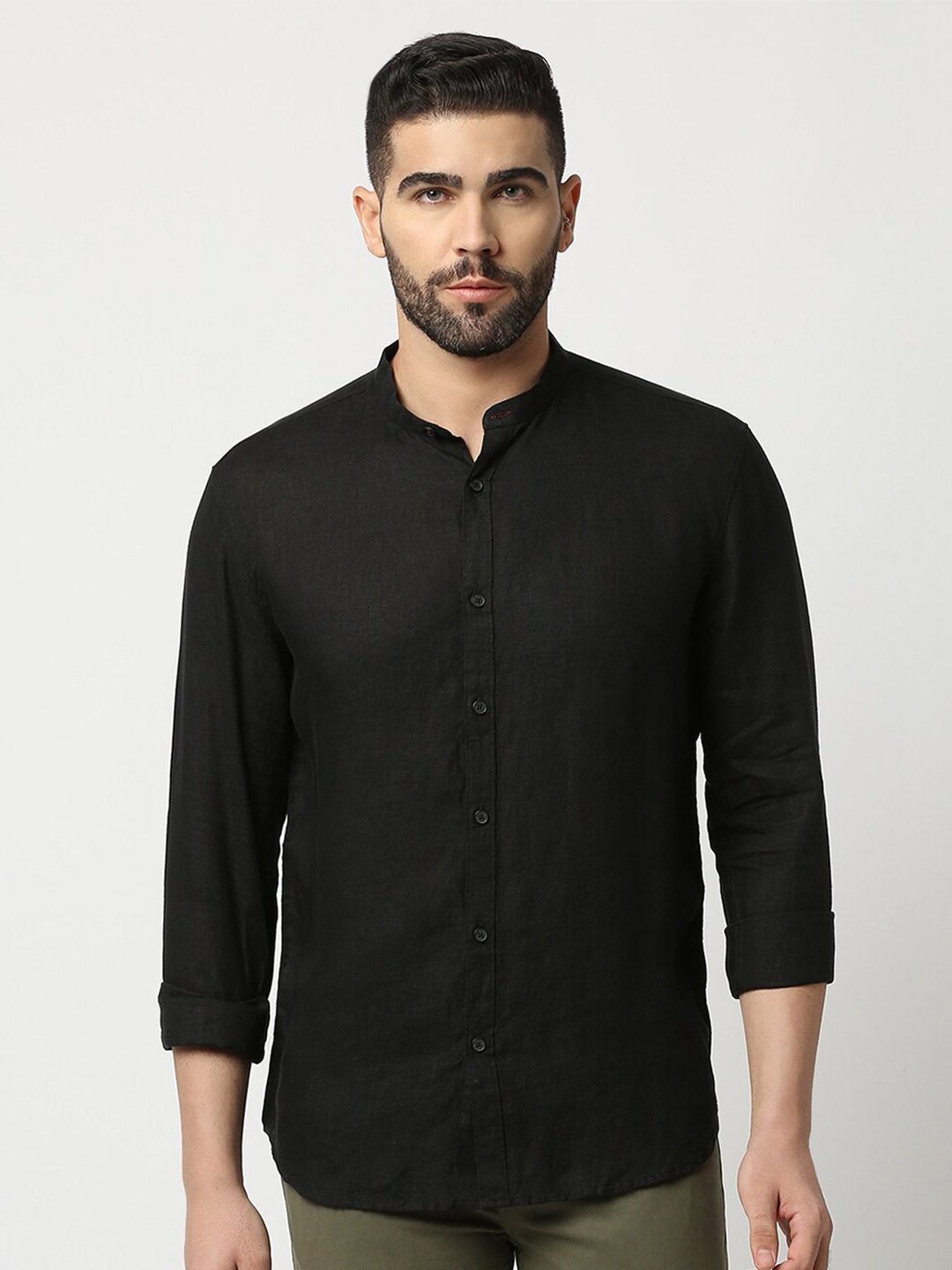 

DRAGON HILL Men Black Slim Fit Opaque Pure Linen Casual Shirt