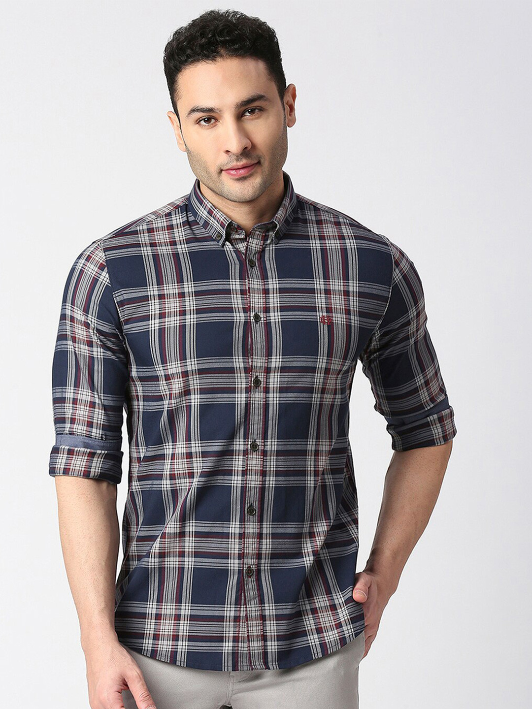 

DRAGON HILL Slim Fit Tartan Checked Cotton Casual Shirt, Navy blue
