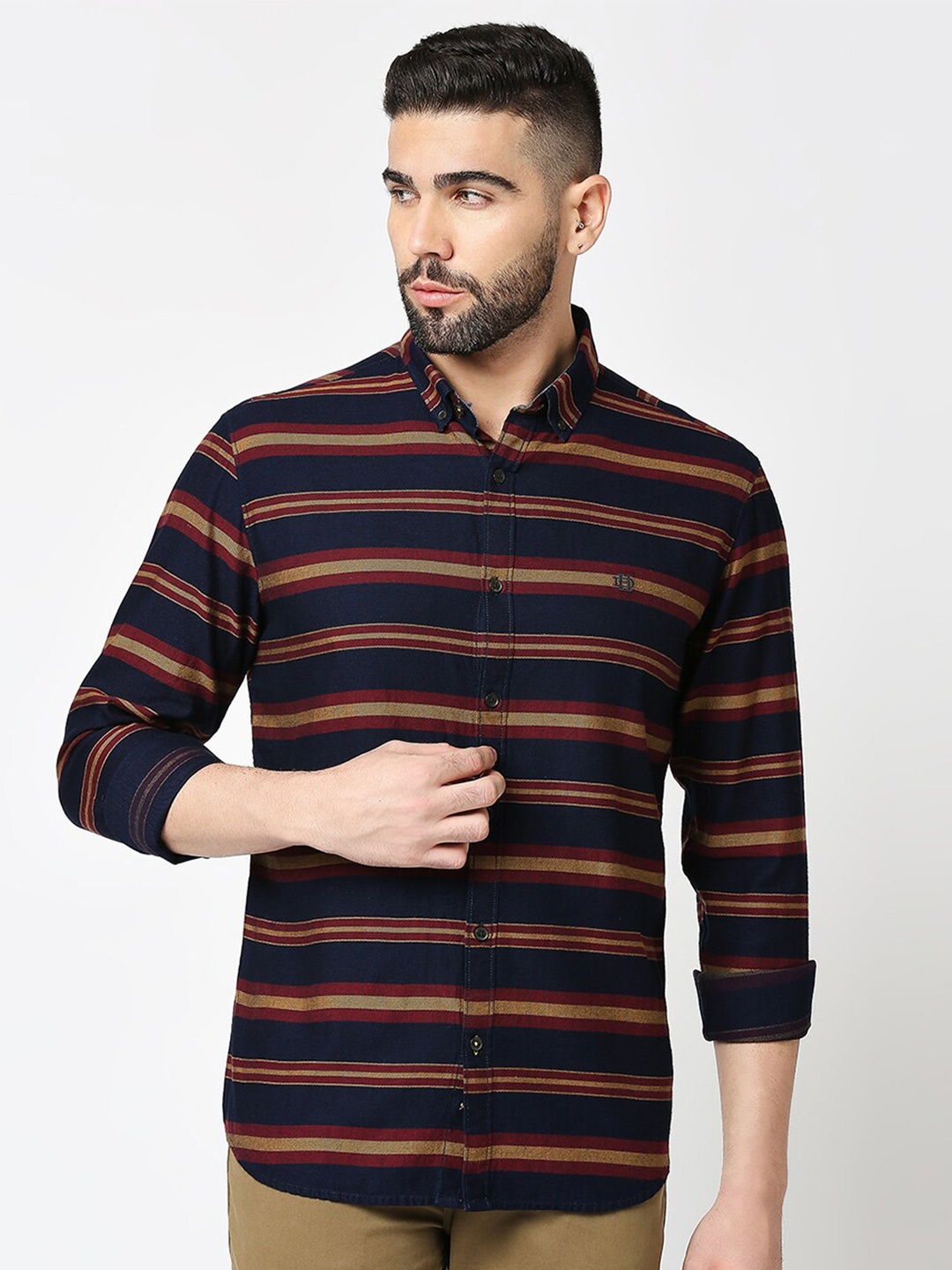 

DRAGON HILL Slim Fit Horizontal Striped Button-Down Collar Cotton Twill Casual Shirt, Navy blue