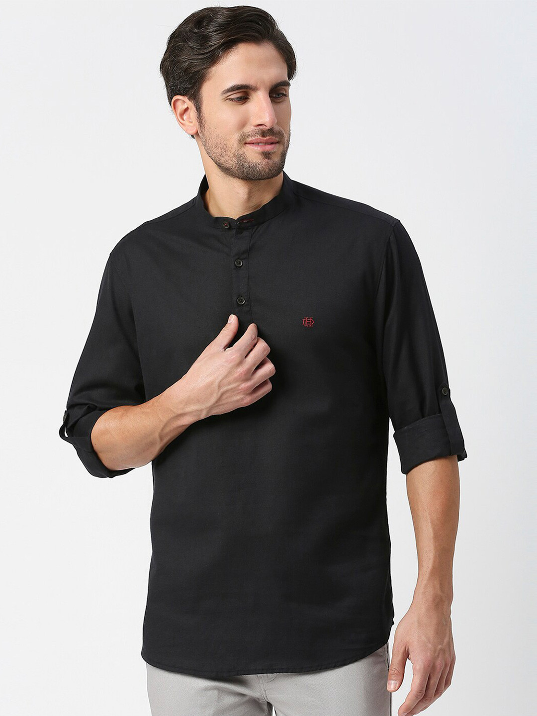 

DRAGON HILL Slim Fit Mandarin Collar Roll Up Sleeves Cotton Linen Casual Shirt, Black