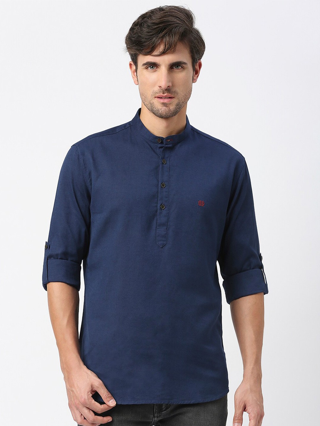 

DRAGON HILL Slim Fit Mandarin Collar Linen Casual Shirt, Navy blue