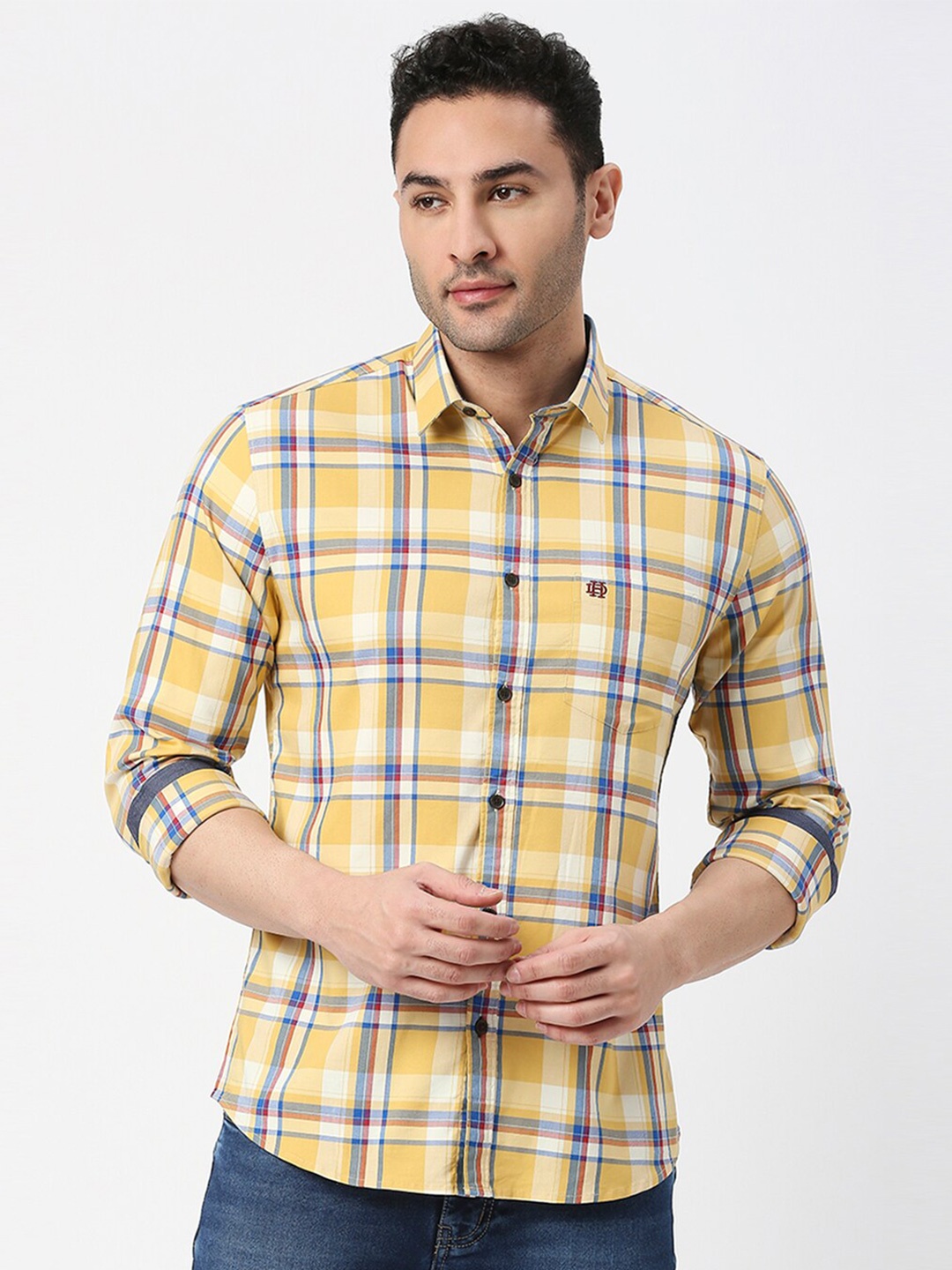 

DRAGON HILL Slim Fit Tartan Checked Twill Casual Shirt, Yellow