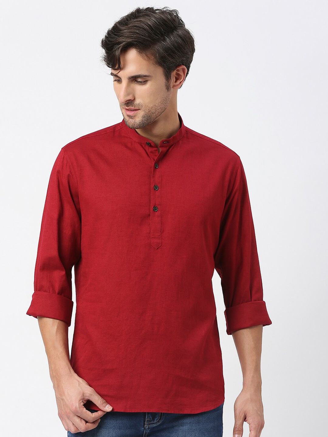 

DRAGON HILL Slim Fit Mandarin Collar Cotton Linen Casual Shirt, Red