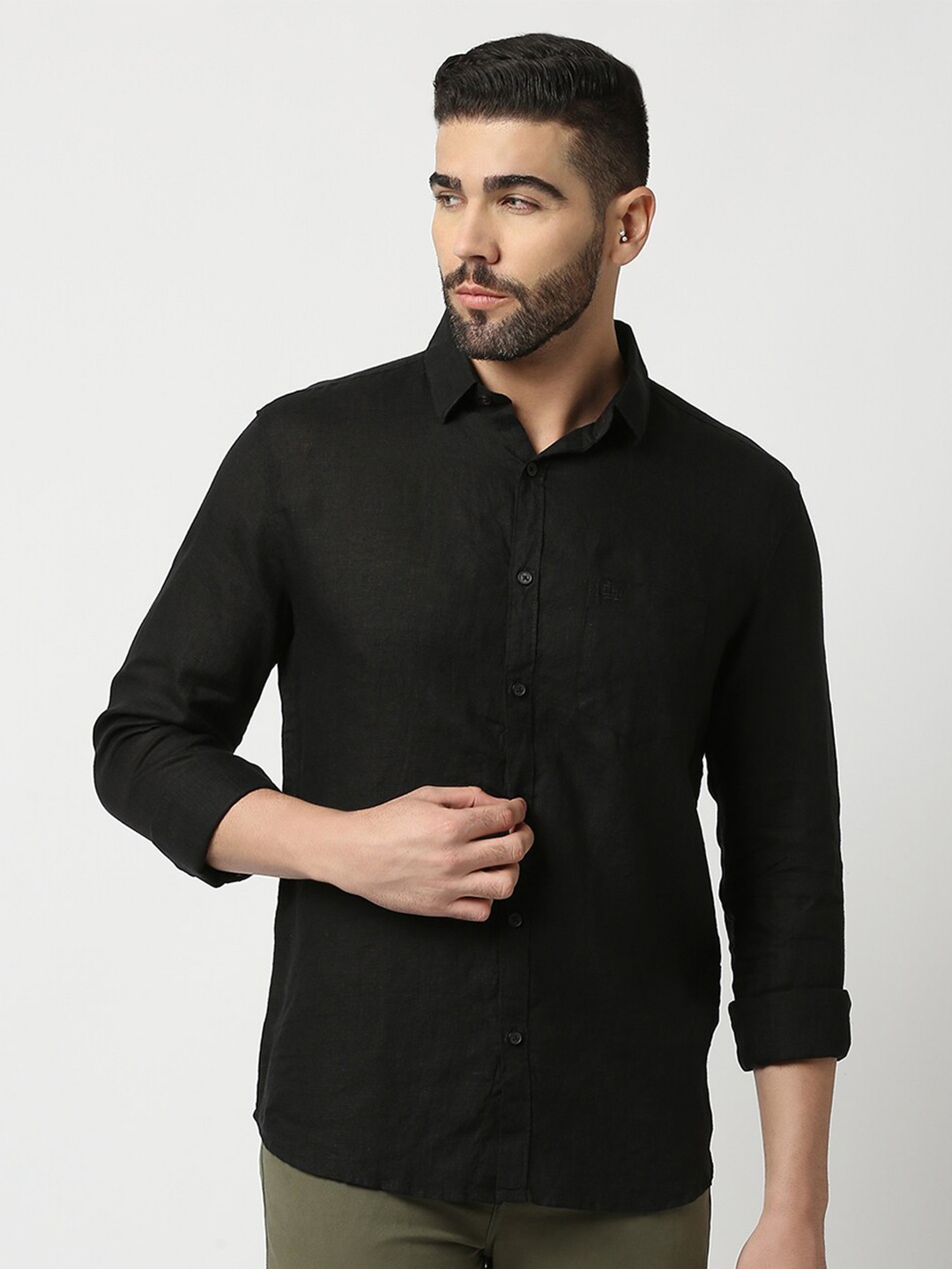 

DRAGON HILL Spread Collar Slim Fit Opaque Linen Casual Shirt, Black