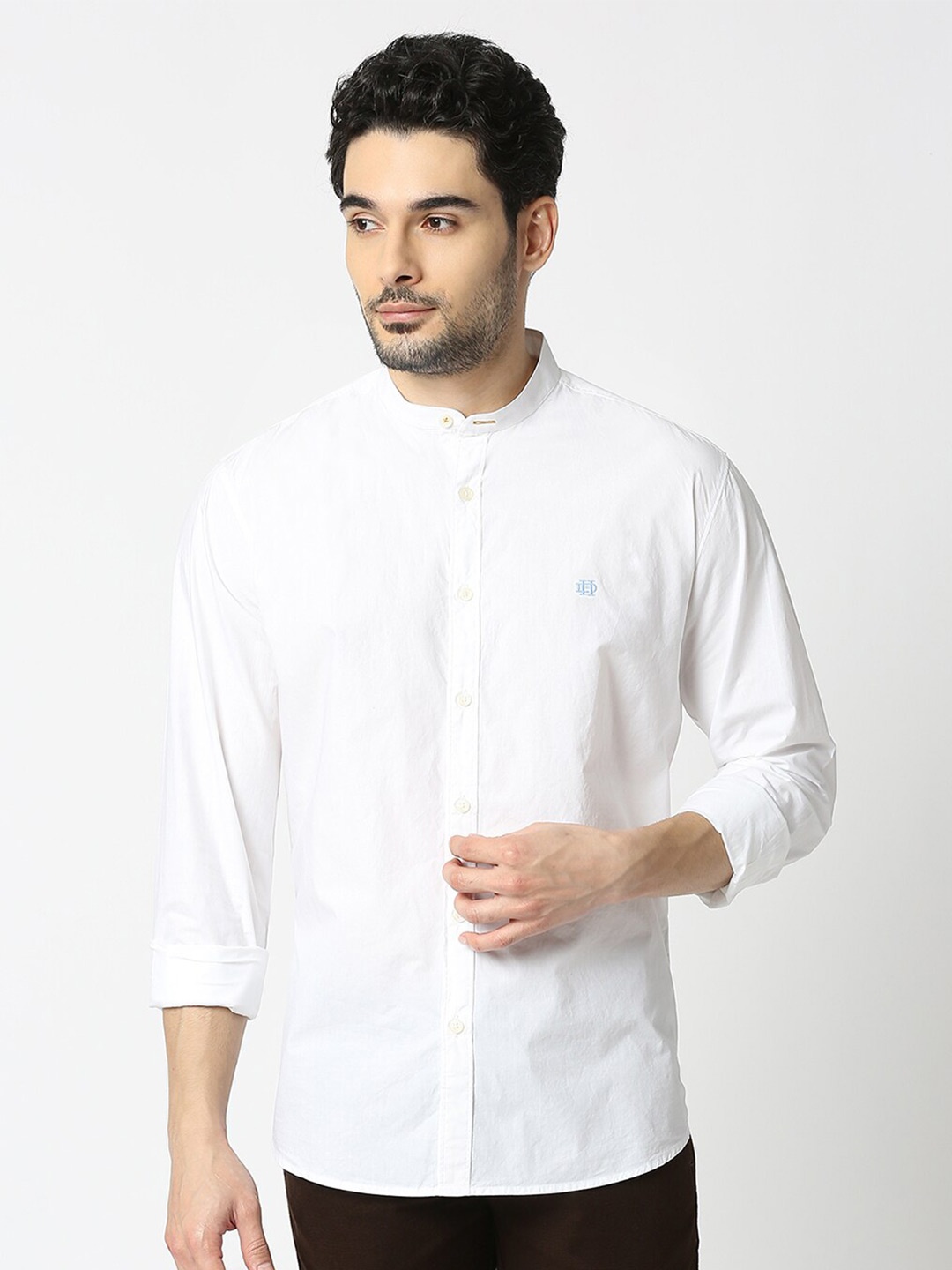 

DRAGON HILL Slim Fit Band Collar Long Sleeves Cotton Poplin Casual Shirt, White