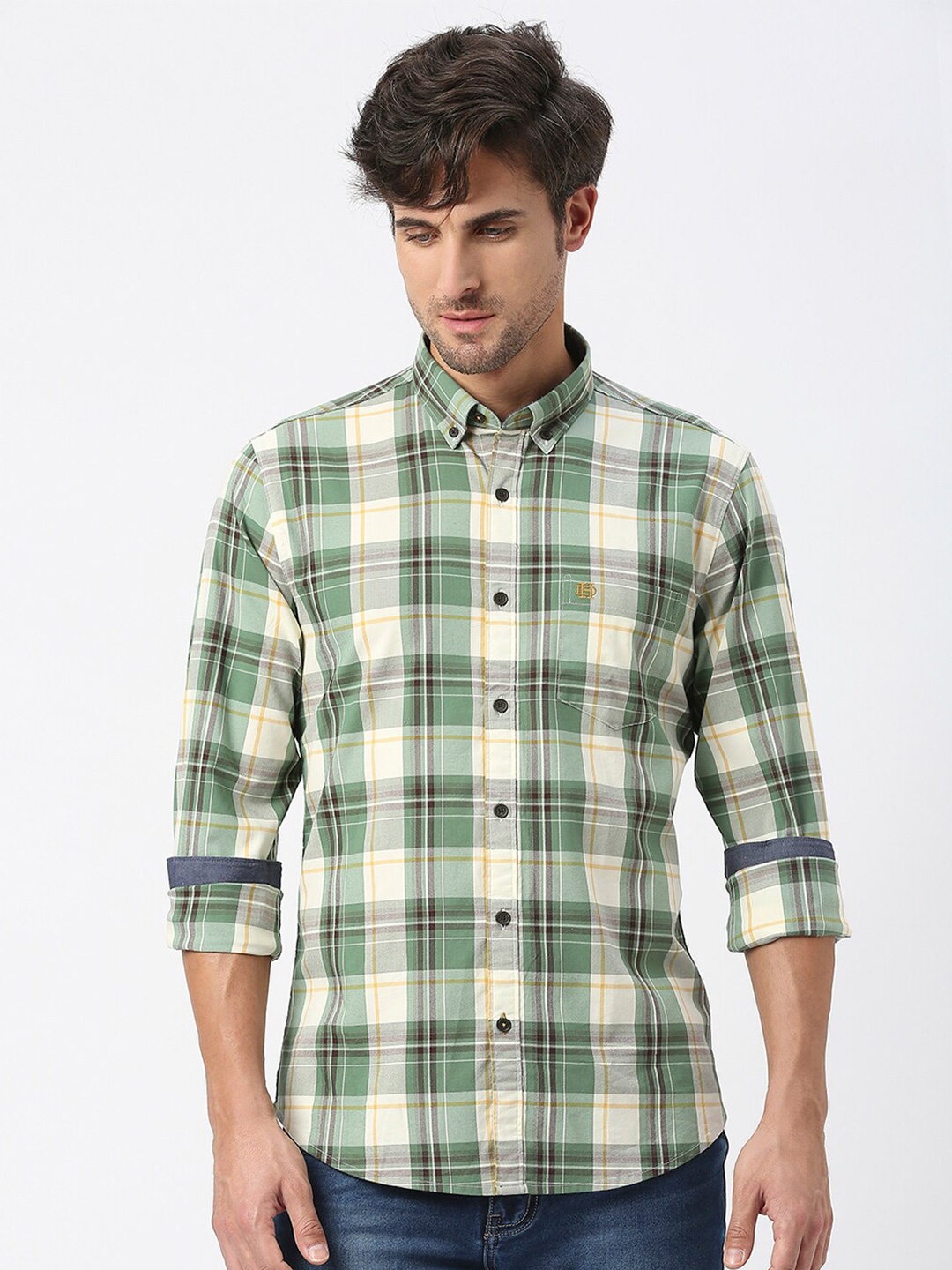 

DRAGON HILL Slim Fit Tartan Checked Cotton Casual Shirt, Green
