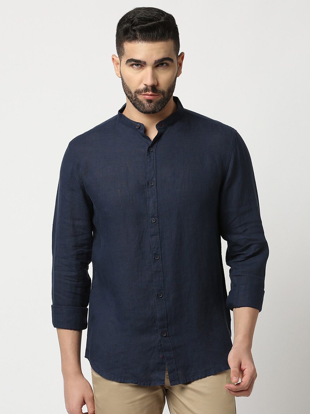 

DRAGON HILL Slim Fit Mandarin Collar Linen Casual Shirt, Navy blue
