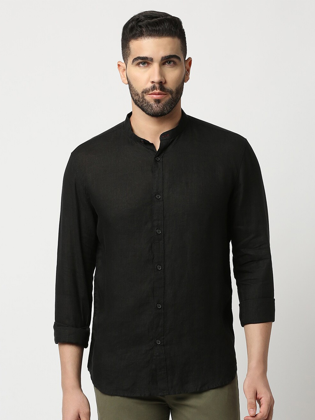 

DRAGON HILL Slim Fit Band Collar Long Sleeves Linen Casual Shirt, Black