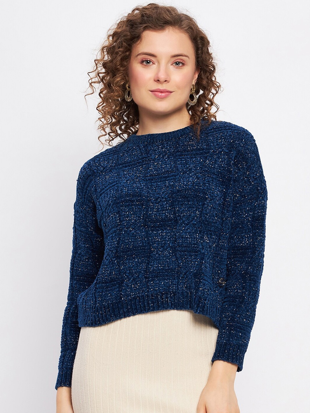 

Duke Cable Knit Self Design Acrylic Crop Sweater, Blue