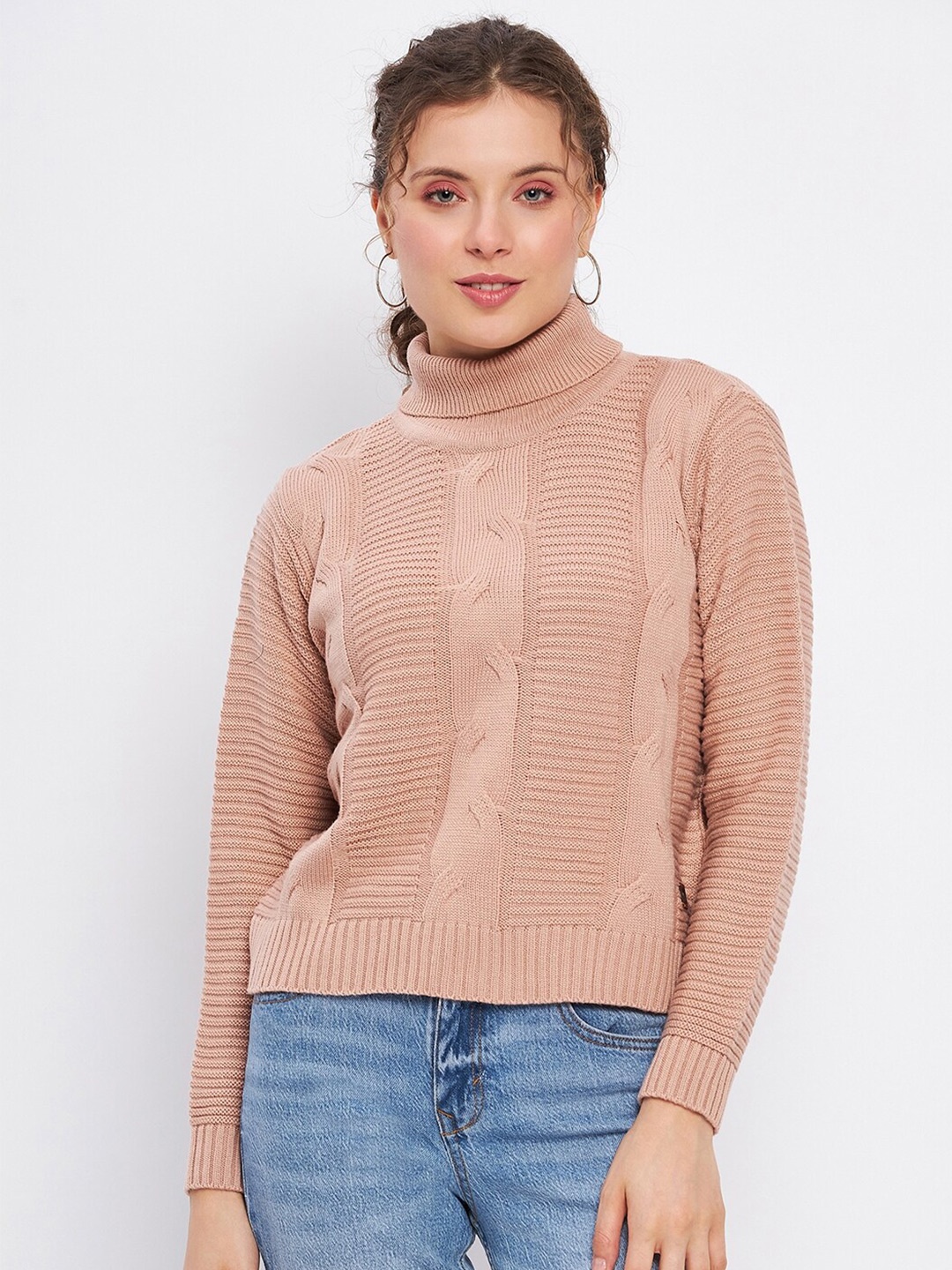 

Duke Cable Knit Self Design Turtle Neck Acrylic Sweater, Peach