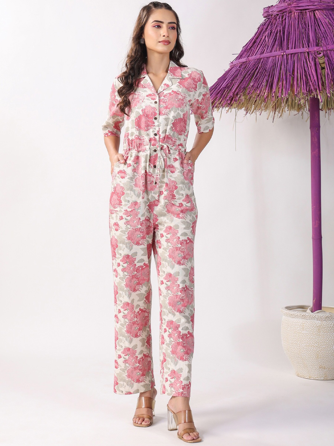 

JISORA Floral Printed Cuban Collar Short Sleeve Gathers Cotton Basic Jumpsuit, Pink