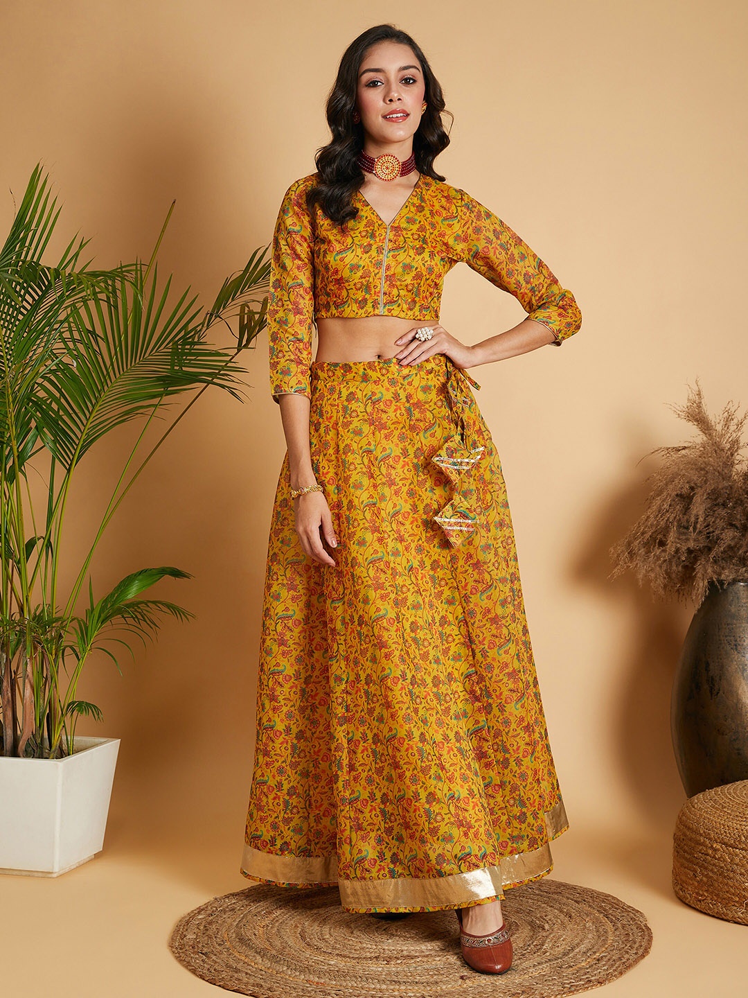 

Shae by SASSAFRAS Floral Printed Gotta Patti Ready to Wear Lehenga Choli, Mustard