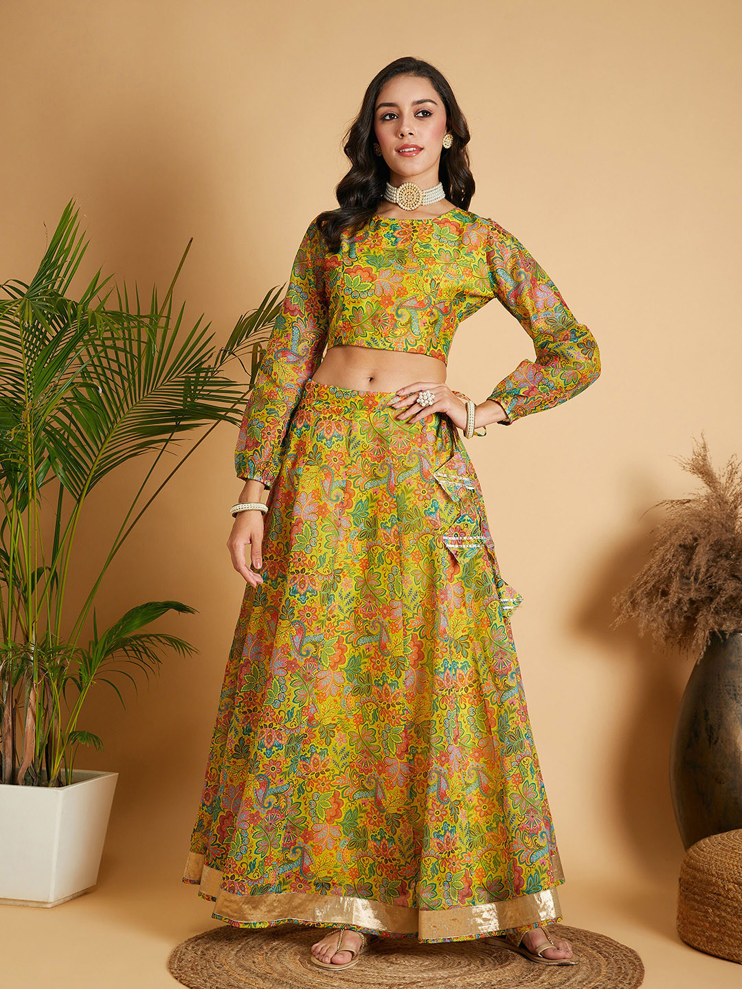 

Shae by SASSAFRAS Floral Printed Ready to Wear Lehenga & Blouse, Yellow
