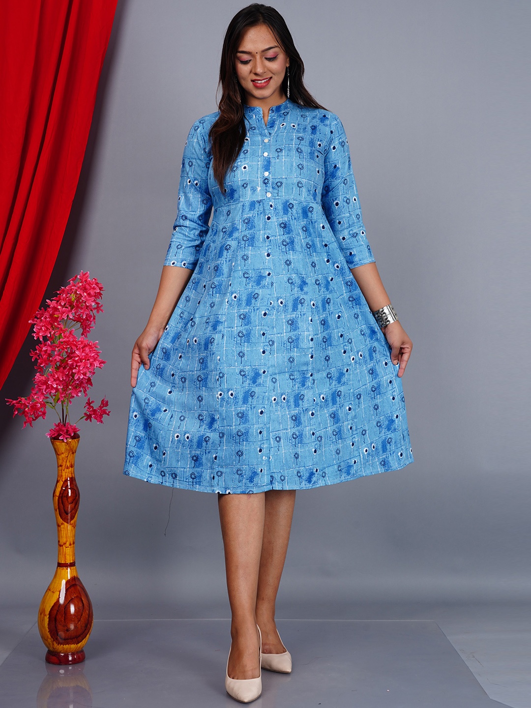 

AAYUMI Floral Printed Mandarin Collar Fit and Flare Midi Ethnic Dress, Blue