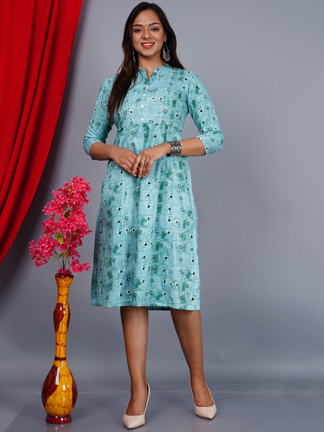 

AAYUMI Floral Printed Mandarin Collar Fit and Flare Midi Ethnic Dress, Blue