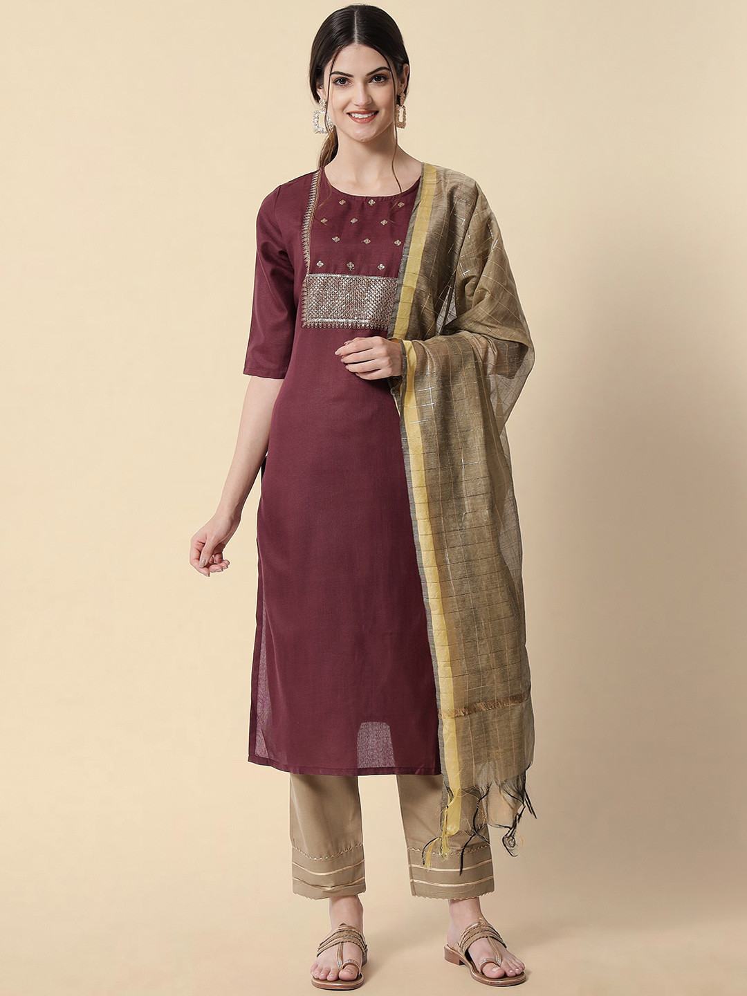 

KALINI Ethnic Motifs Yoke Design Regular Thread Work Kurta With Trousers & Dupatta, Maroon