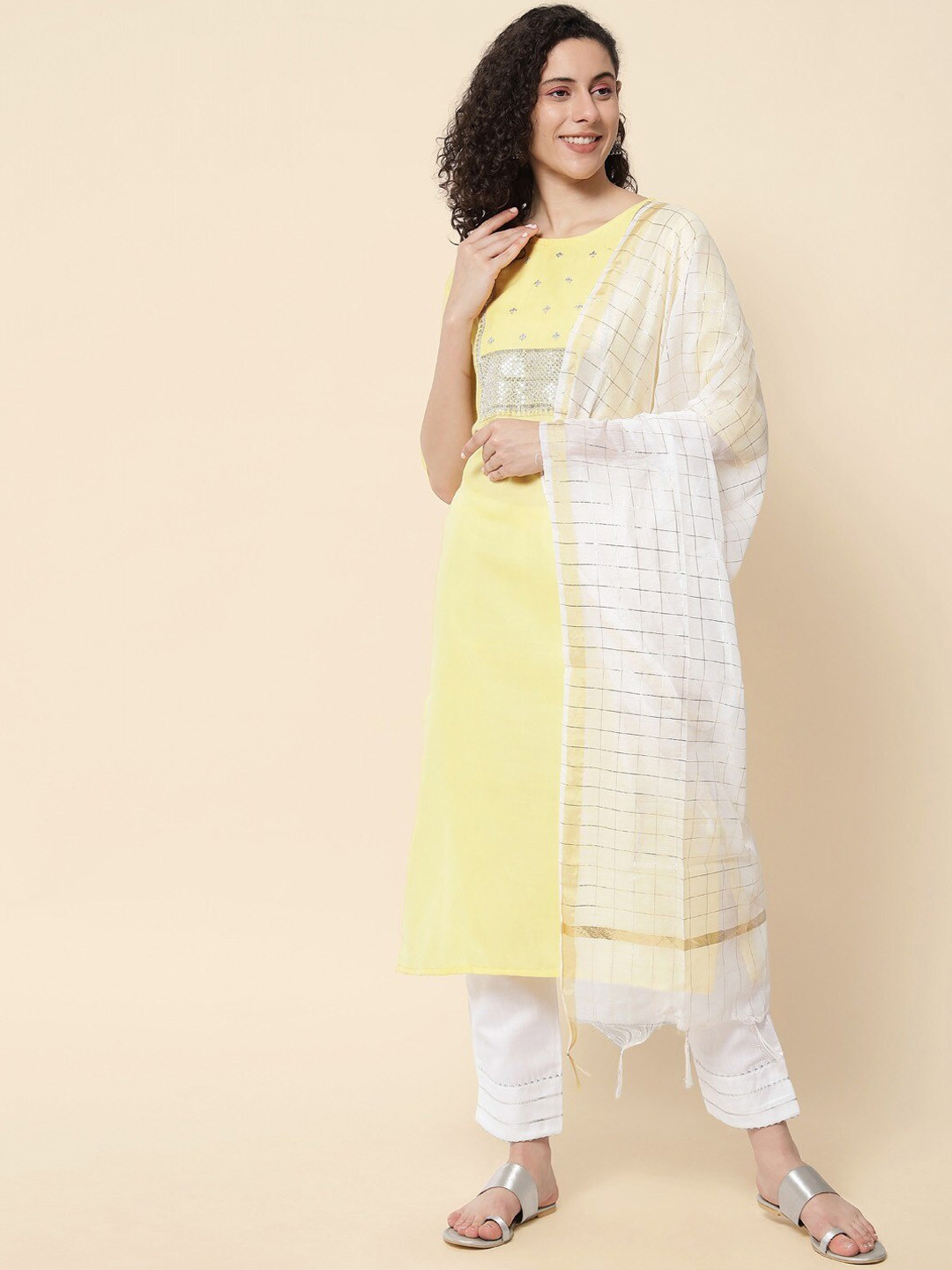 

KALINI Floral Yoke Design Round Neck Sequined Kurta with Trousers & Dupatta, Yellow