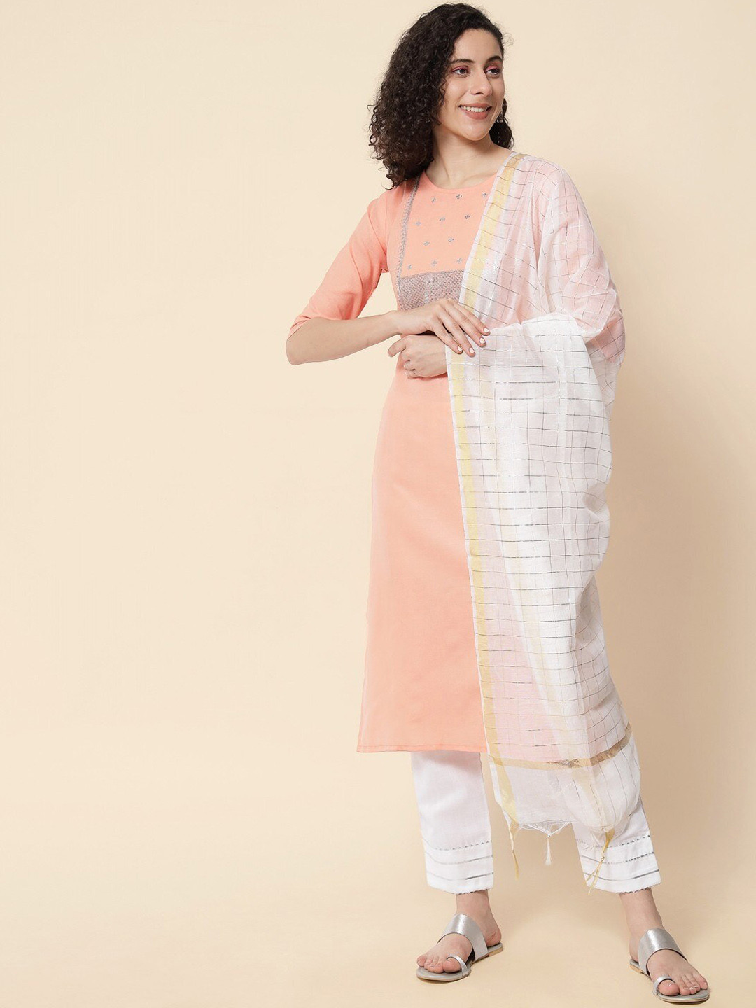 

KALINI Floral Yoke Design Round Neck Sequined Kurta with Trousers & Dupatta, Peach
