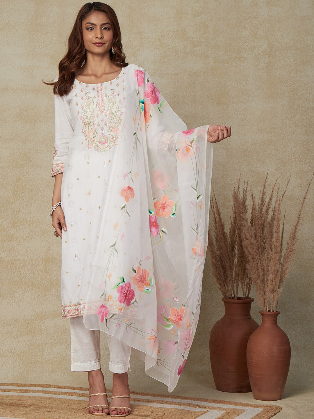 

FASHOR Floral Embroidered Sequinned Pure Cotton Kurta With Trousers & Dupatta, White
