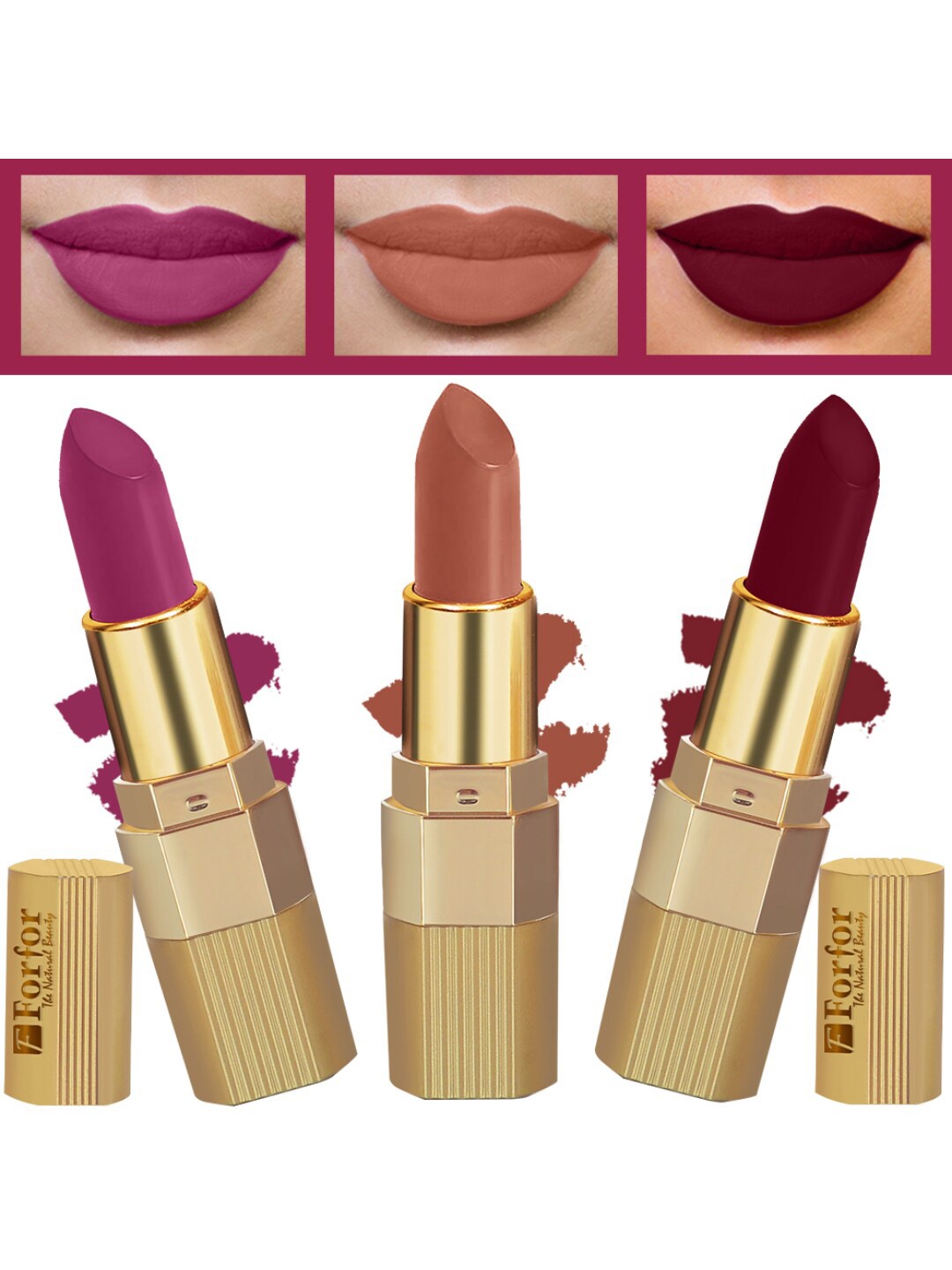 

FORFOR Xpression Set Of 3 Stick Matte Lipstick-Nude Matte 306-Maroon Matte 307-Magenta 302, Multi