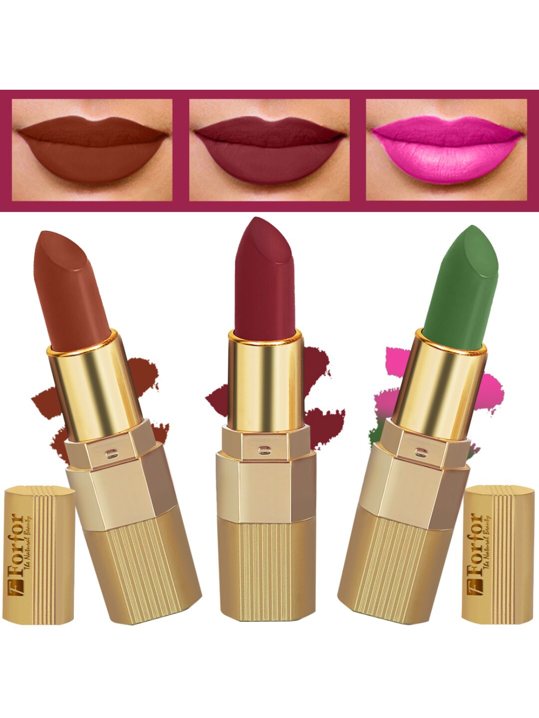 

FORFOR Set Of 3 Xpression Matte Lipsticks - Brown Nude 301-Cherry Red 304-Natural Pink 305, Maroon