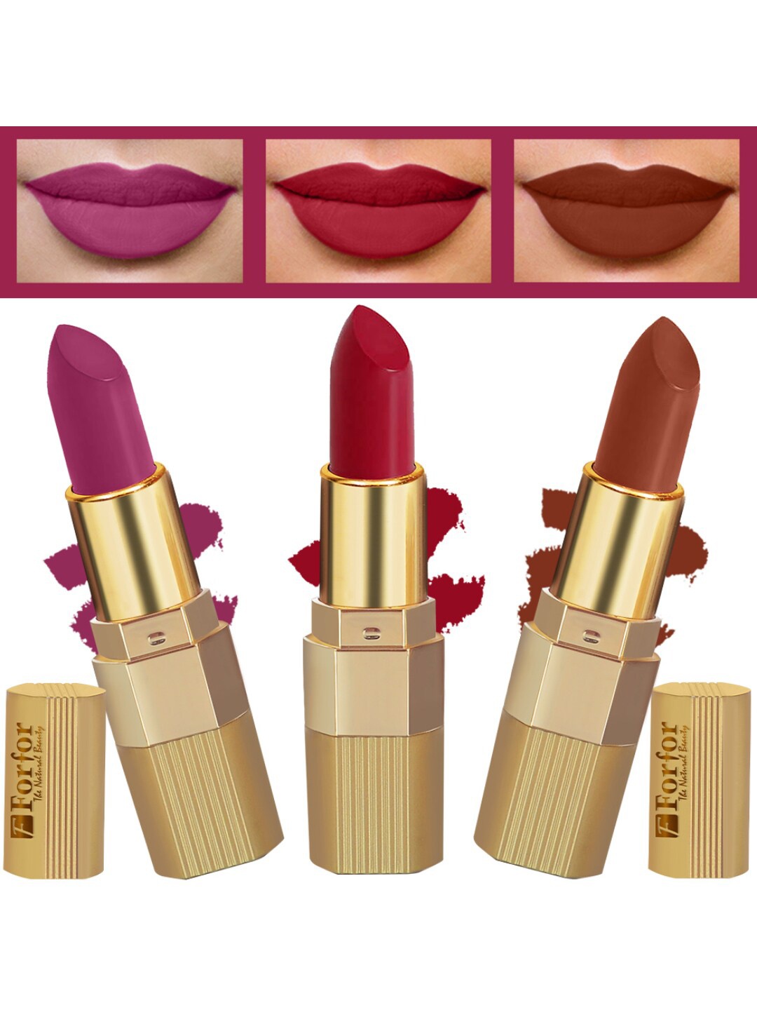 

FORFOR Set Of 3 Xpression Matte Lipsticks - Brown Nude 301-Magenta 302-Red Velvet 303