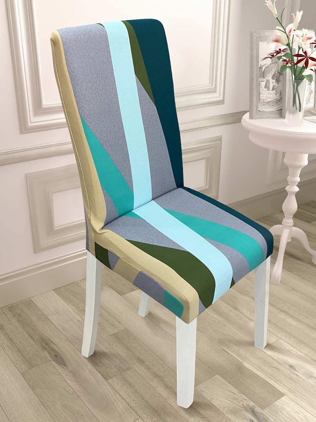 

HOUSE OF QUIRK Green & Blue 4 Pieces Striped Elastic Chair Covers