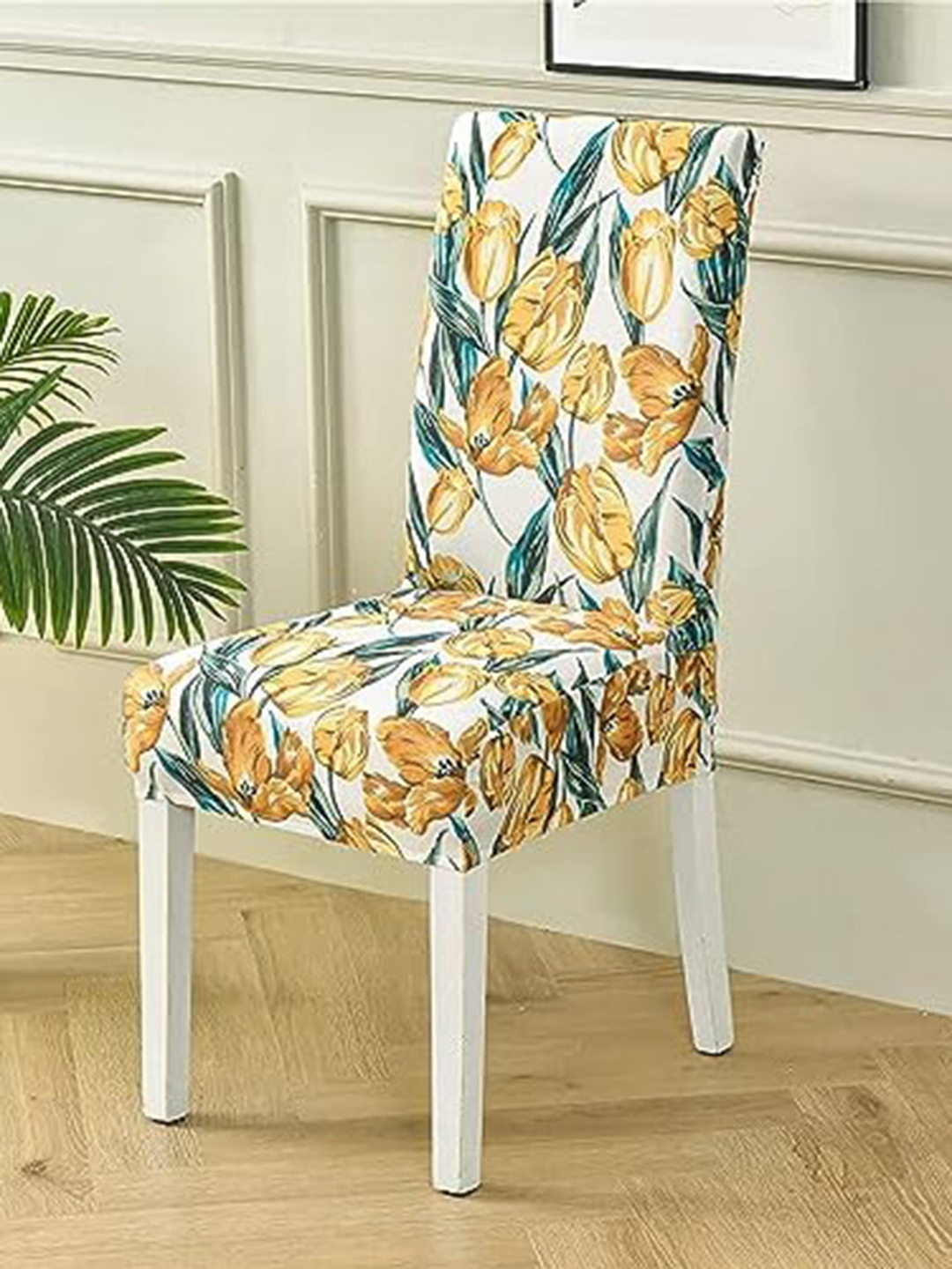 

HOUSE OF QUIRK 6-Pcs White & Orange Floral Print Removable Elastic Chair Covers