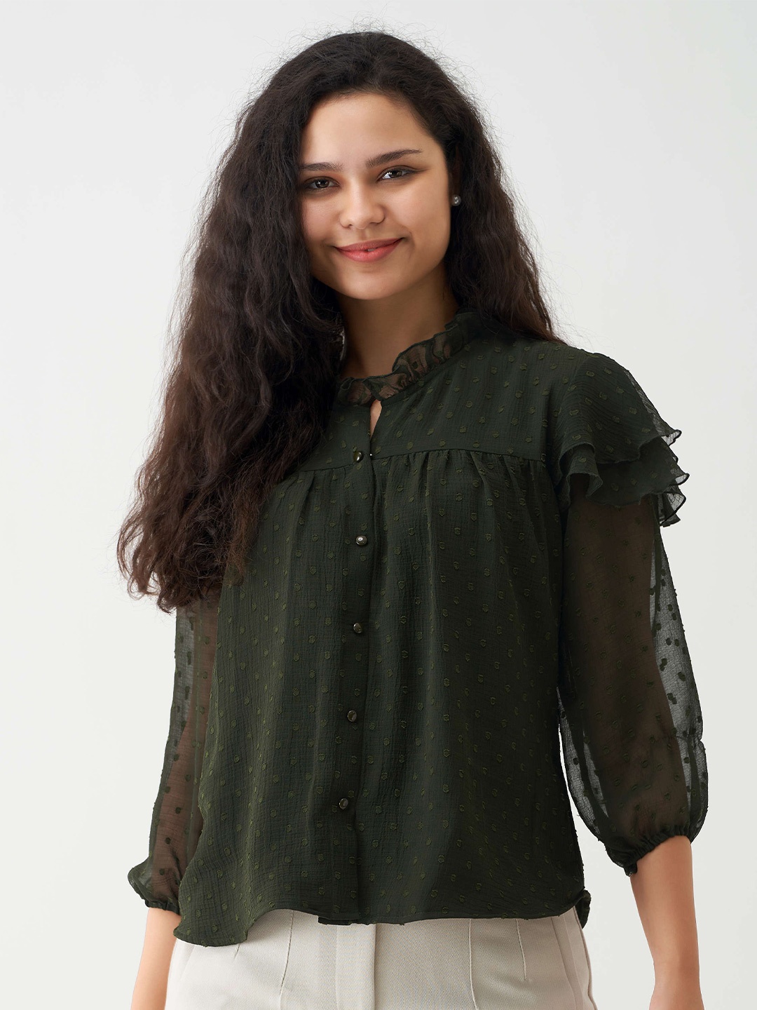 

AASK Self Design Layered Shirt Style Top, Green