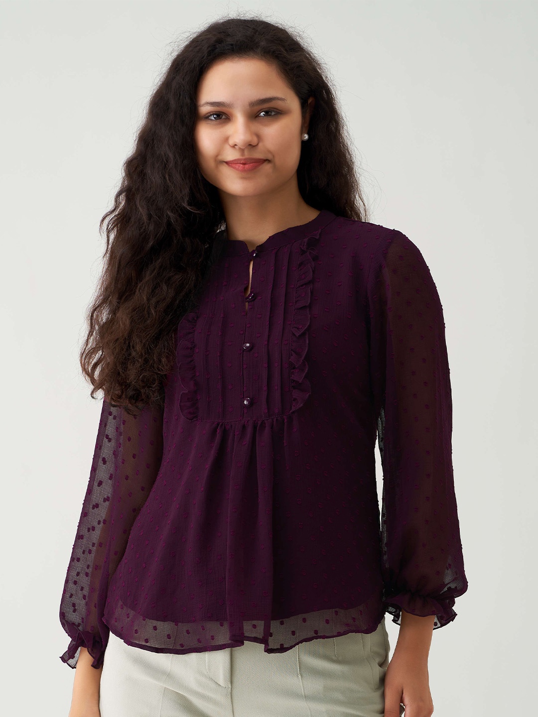 

AASK Self Design Mandarin Collar Shirt Style Top, Purple