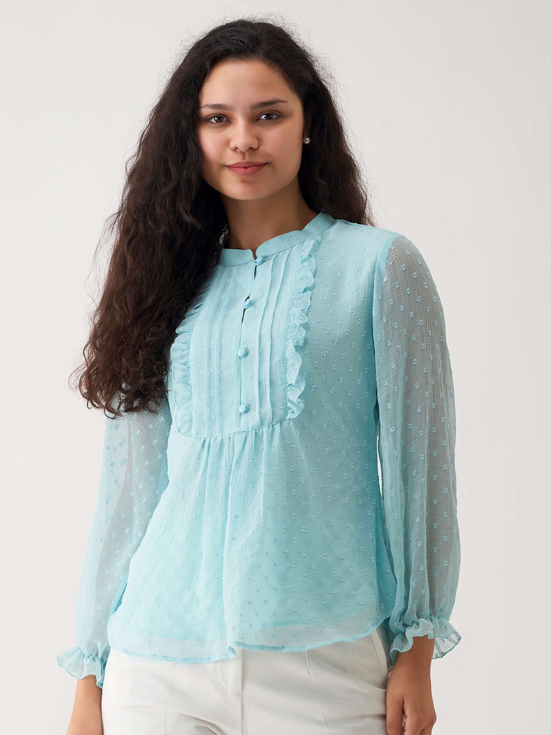 

AASK Self Design Mandarin Collar Layered Shirt Style Top, Blue