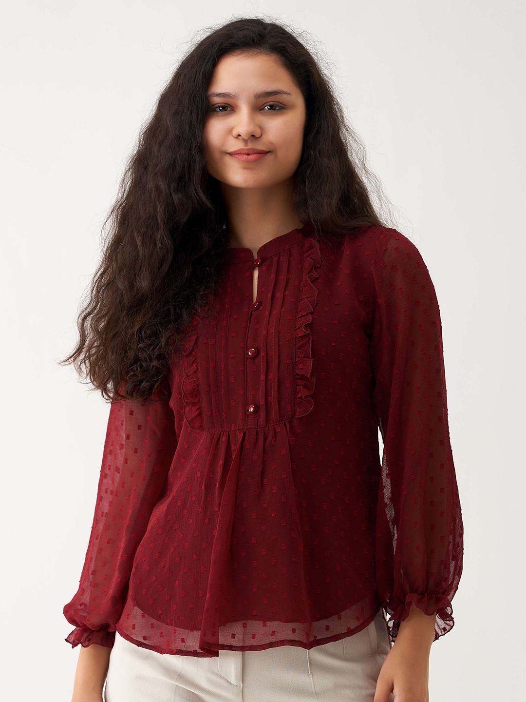 

AASK Self Design Mandarin Collar Layered A-Line Top, Maroon