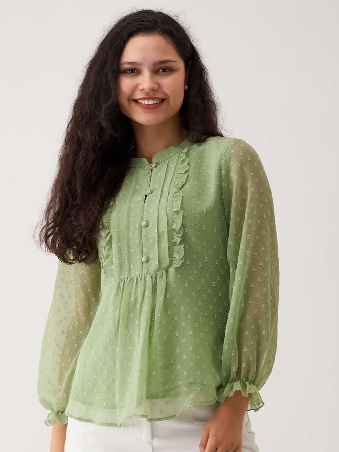 

AASK Self Design Mandarin Collar Shirt Style Top, Green