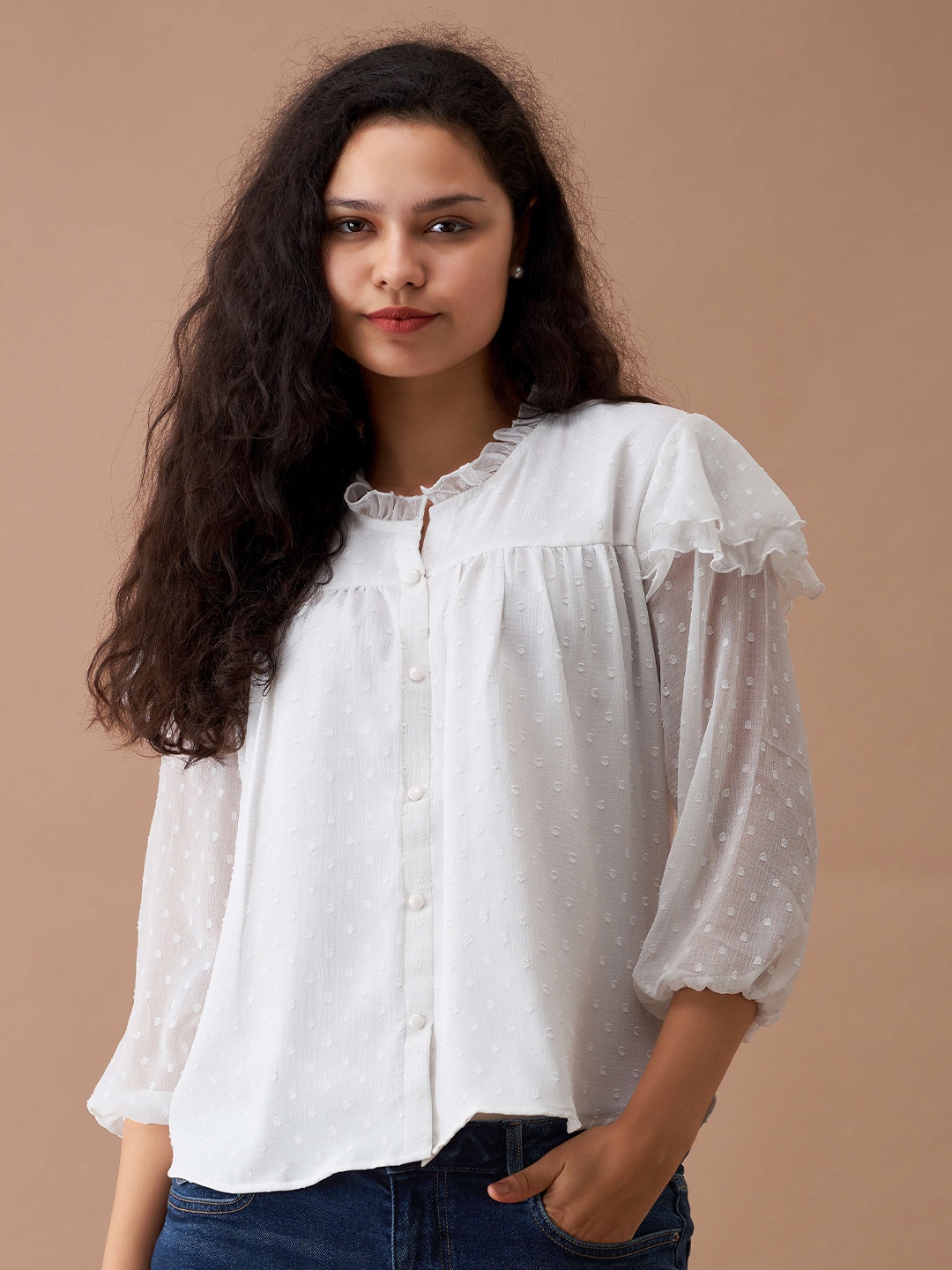 

AASK Shirt Collar Puff Sleeves Ruffles Shirt Style Top, White