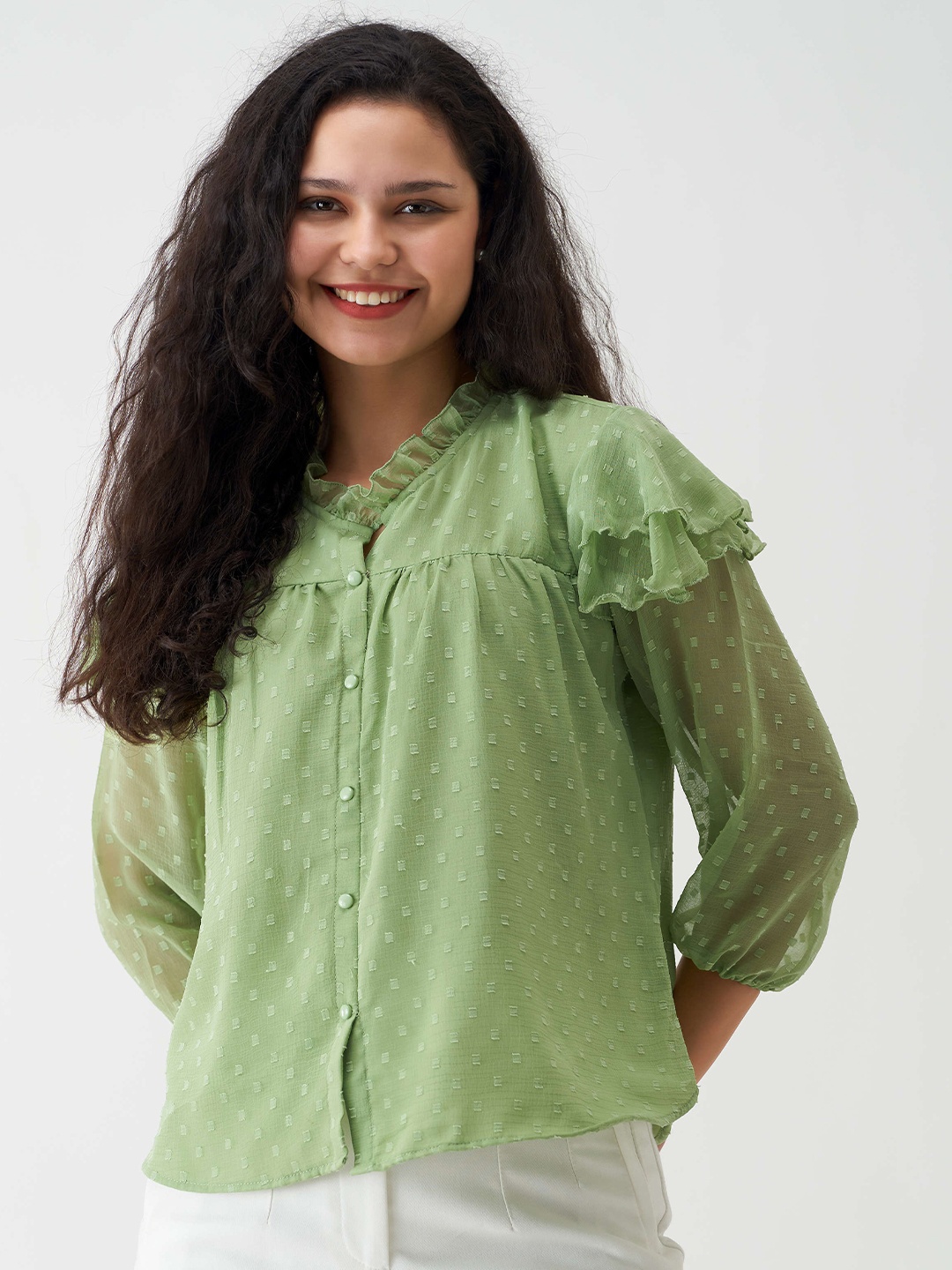 

AASK Self Design Layered Shirt Style Top, Green