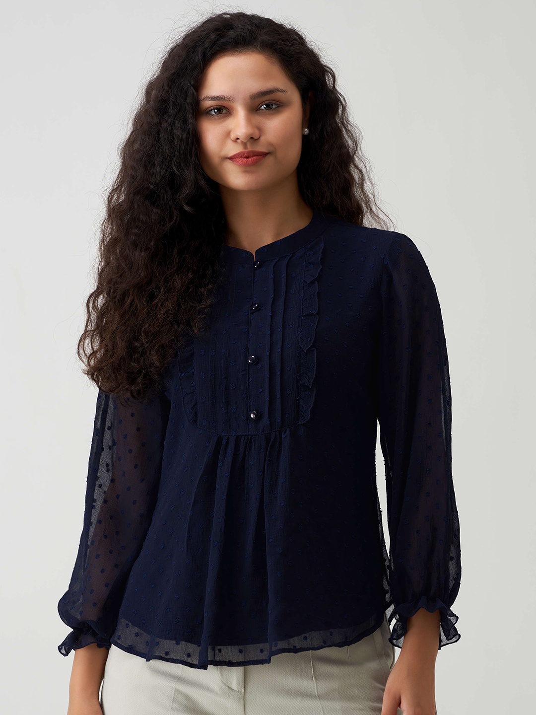 

AASK Self Design Mandarin Collar Ruffles Shirt Style Top, Navy blue