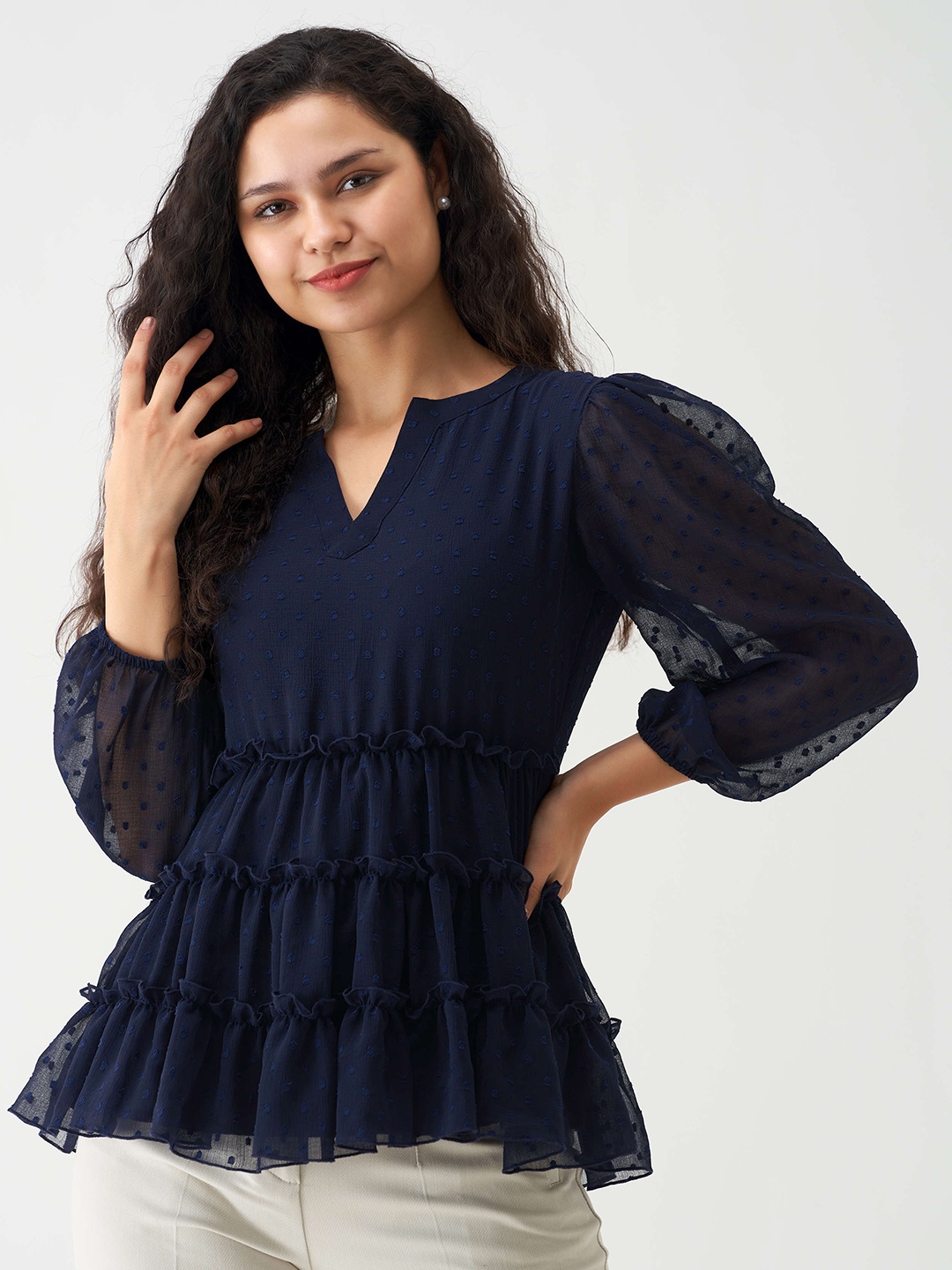 

AASK Self Design Layered A-Line Top, Navy blue