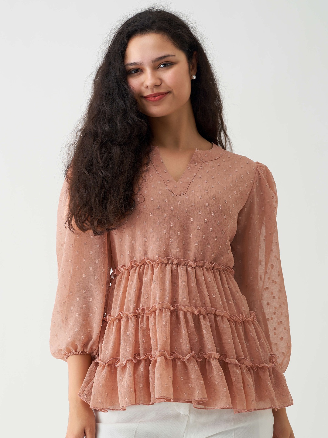 

AASK Self Design Mandarin Collar Gathered Tiered Top, Cream