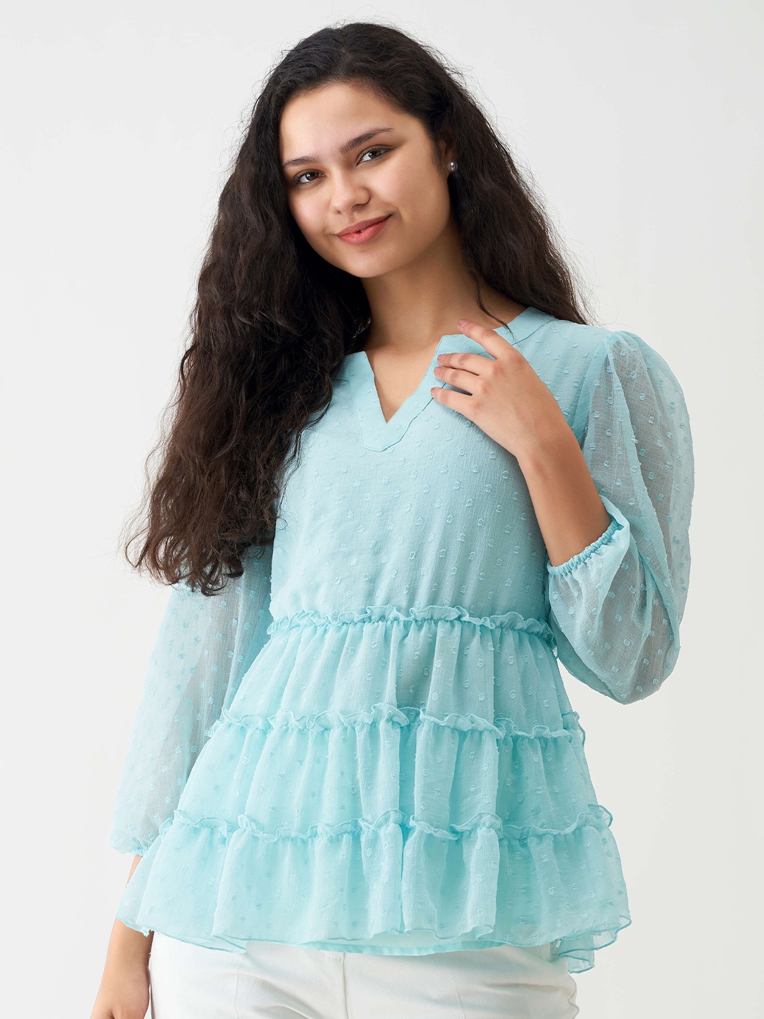 

AASK Self Design Mandarin Collar Layered Tiered Top, Blue