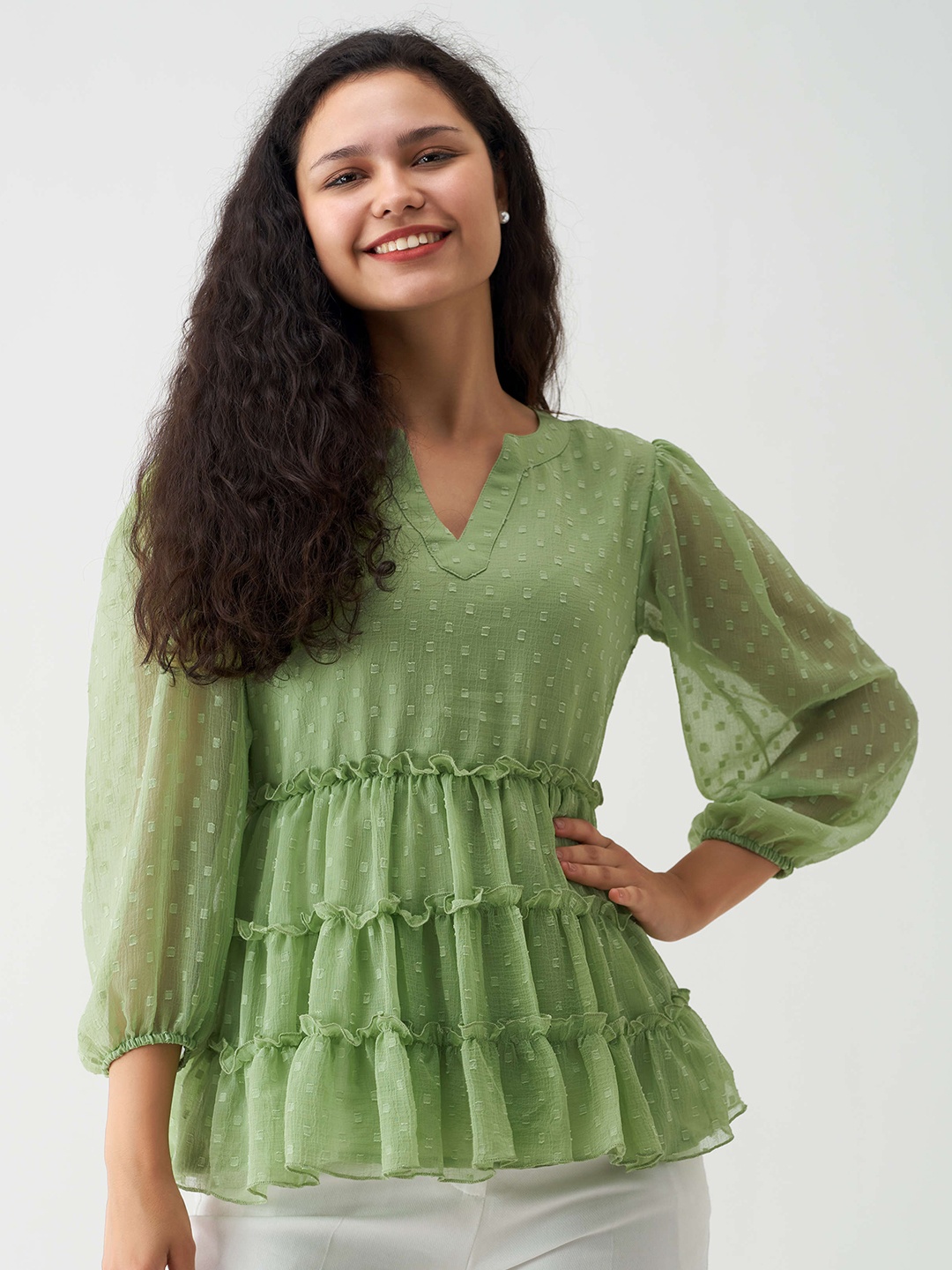 

AASK Self Design Puff Sleeves Layered Empire Top, Green