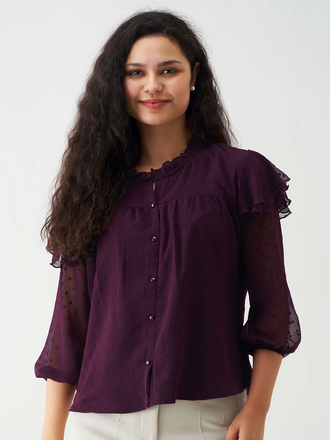 

AASK Self Design Puff Sleeves Gathered Detailed Top, Purple