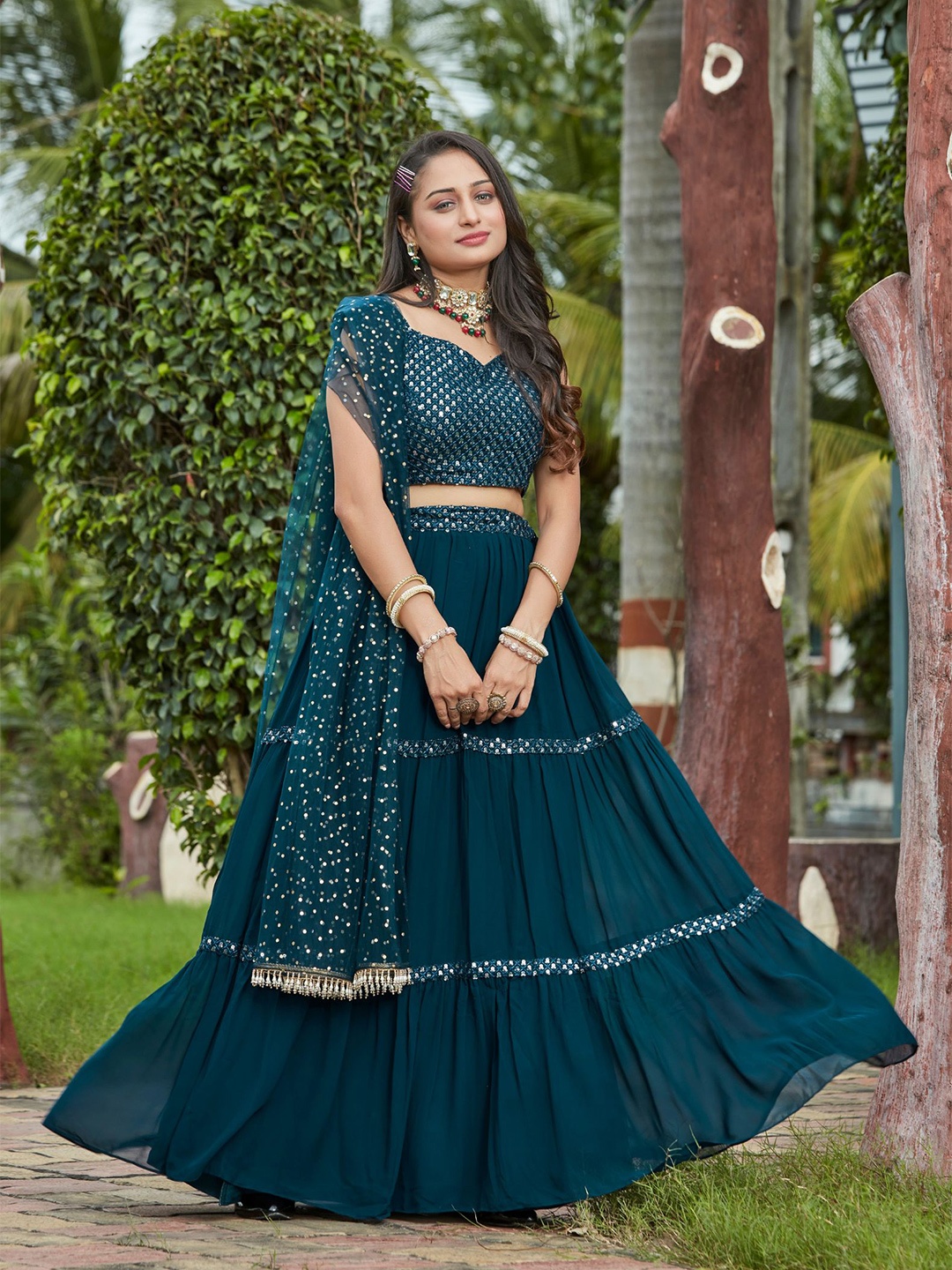 

KALINI Embroidered Sequinned Ready to Wear Lehenga & Blouse With Dupatta, Navy blue