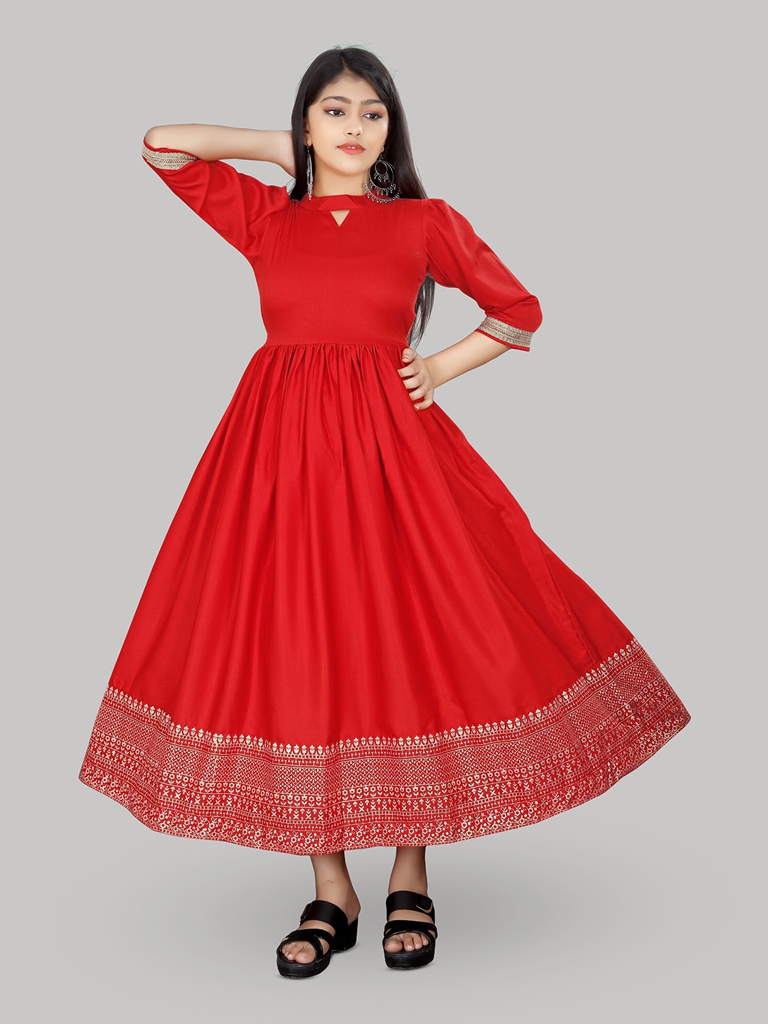 

R K MANIYAR Girls Ethnic Motifs Printed Keyhole Neck Fit & Flare Ethnic Dress, Red