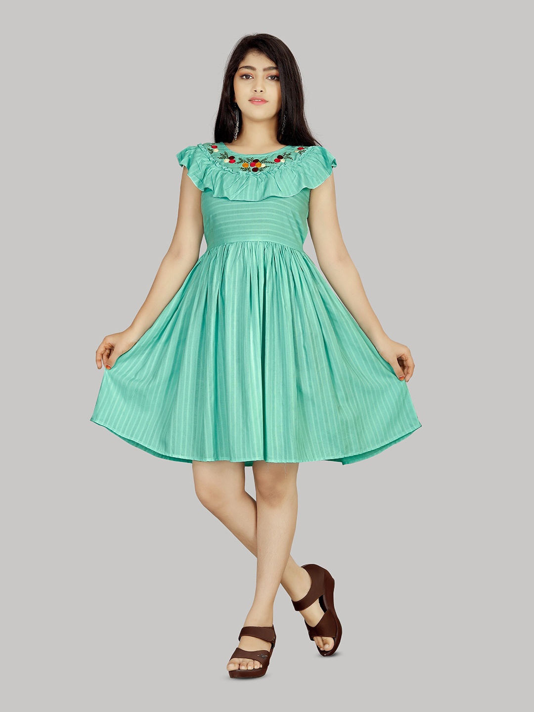 

R K MANIYAR Girls Striped Embroidered Detail Ruffled Fit & Flare Dress, Sea green