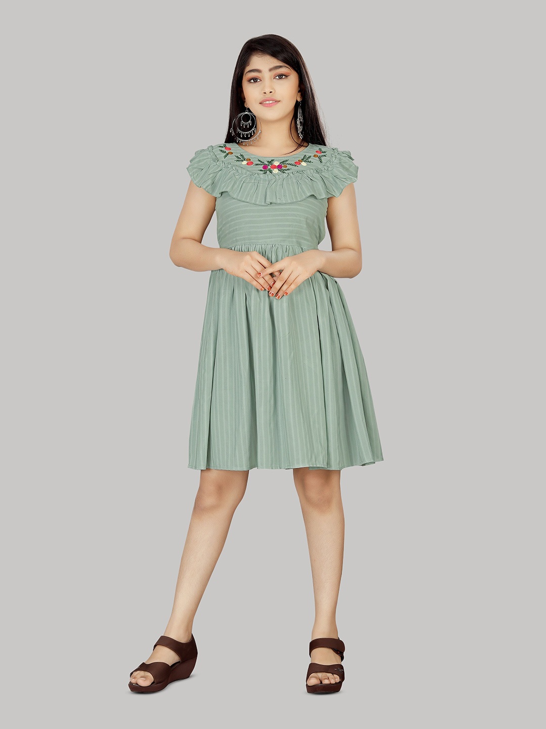 

R K MANIYAR Striped Embroidered Fit & Flare Dress, Green